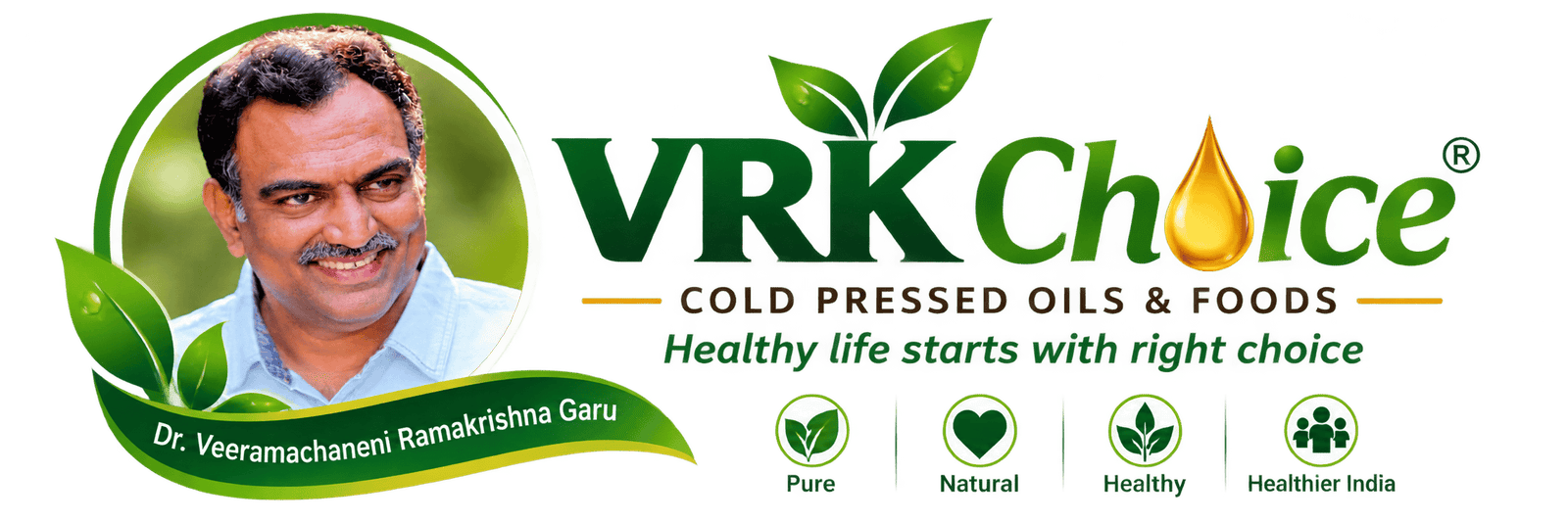 VRK Choice Cold Pressed Oils & Foods logo with founder image