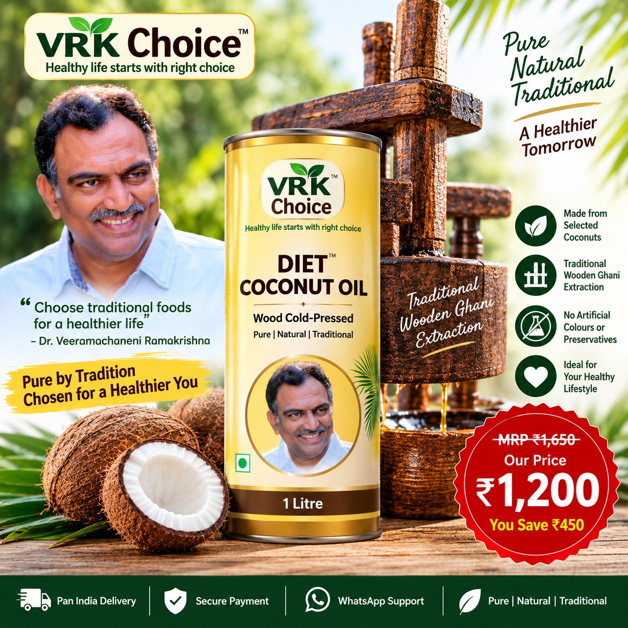 VRK Diet Coconut Oil 1 Litre – Main Product Banner VRK Choice Diet Coconut Oil 1 Litre wood cold-pressed coconut oil with traditional wooden Ghani extraction